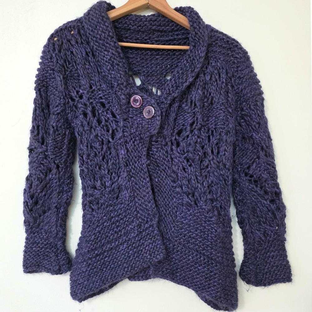 Hand knit Chunky Split Sweater Sz M Purple Asymmetric Whimsigoth Cottage Fairy - Picture 2 of 12